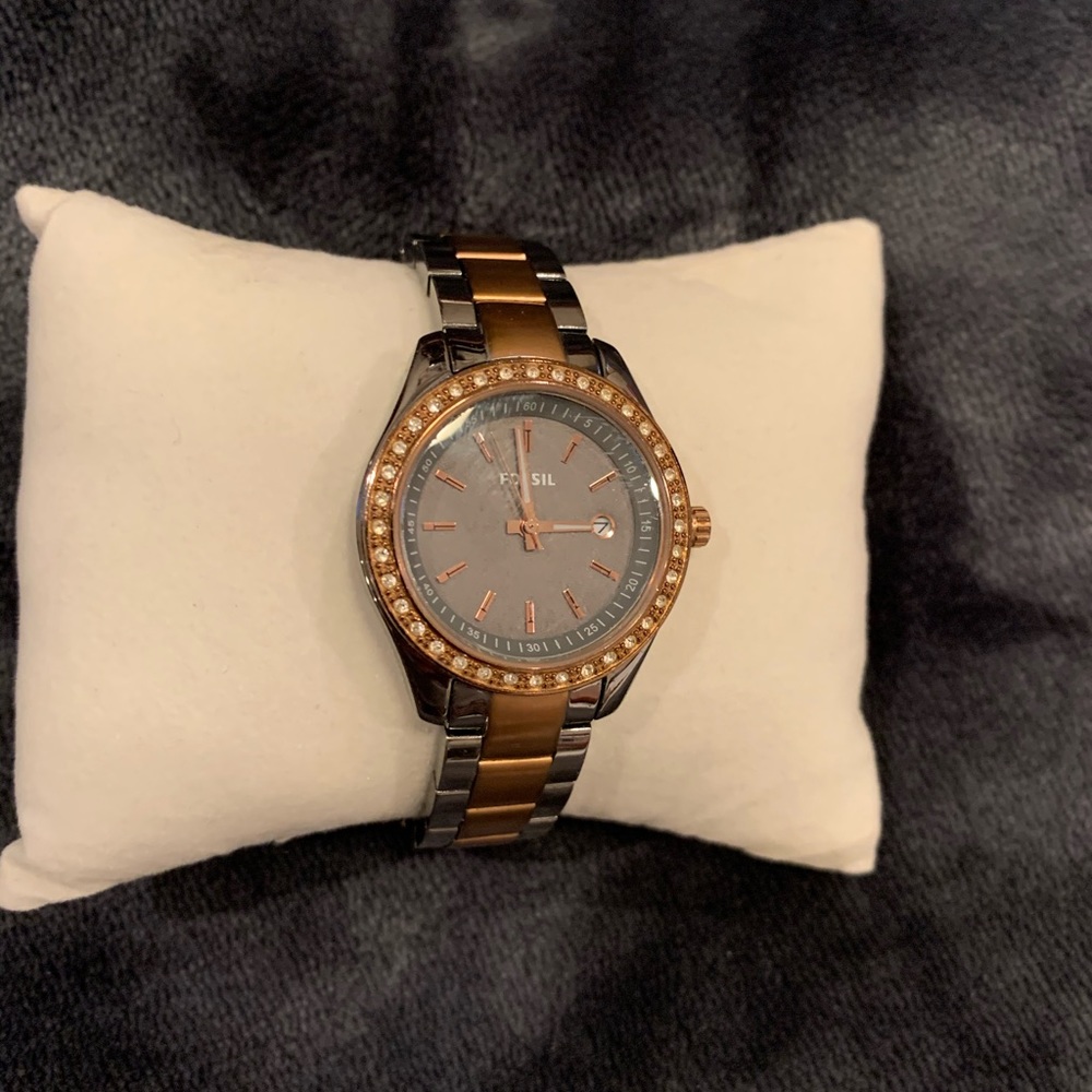 Fossil rose gold and gray watch & diamond accent